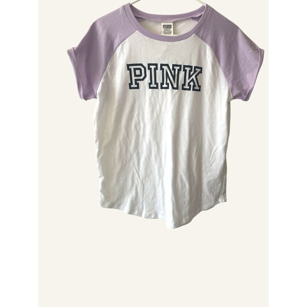 Victoria's Secret PINK White Purple Short Sleeve T-Shirt Black Logo Small NWT